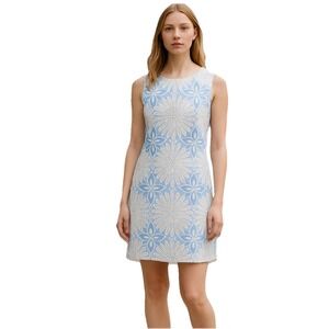 TALBOTS Sheath Dress Floral Blue White Cut Out Lace Mesh Embroidered 2 Small NEW